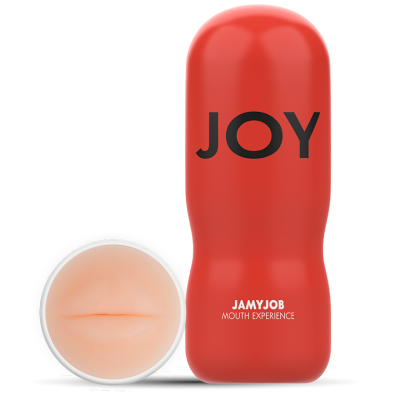 Frasco vermelho JOY com tampa aberta e interior cor de pele