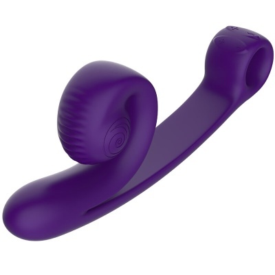 Produto ergonómico roxo com textura espiral e controlo de intensidade