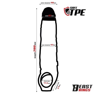 Gráfico de anel peniano com medidas e logotipos Safe TPE e Beast Rings
