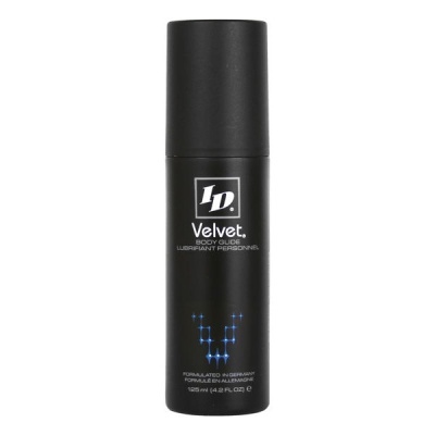 Frasco preto de lubrificante corporal ID Velvet com texto branco em fundo branco