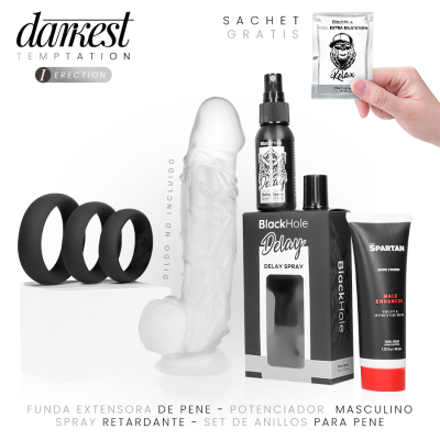 Produtos masculinos para potência sexual incluindo anéis para pénis, funda extensora, spray retardante, creme e sachê
