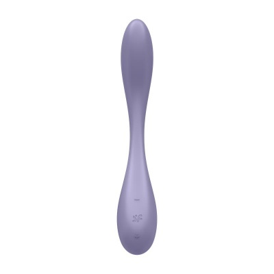 Vibrador lilás curvo com botões de controlo num fundo branco