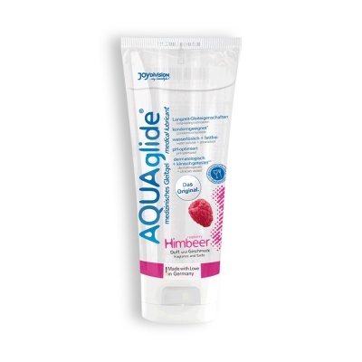 Frasco branco de gel lubrificante médico Aquaglide com texto azul e rosa