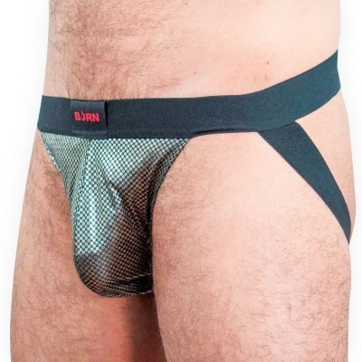 Cueca tipo jockstrap preta com padrão metálico prateado e etiqueta BJÖRN vermelha