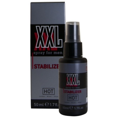 Spray masculino XXL Stabilizer HOT com frasco preto e embalagem cinzenta e preta