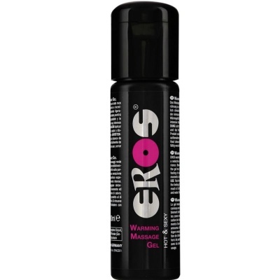 Frasco preto com texto ERÓS WARMING MASSAGE GEL, 50 ml
