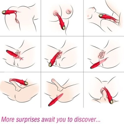Dispositivo vermelho pequeno ilustrado em várias posições no corpo, texto promocional em inglês