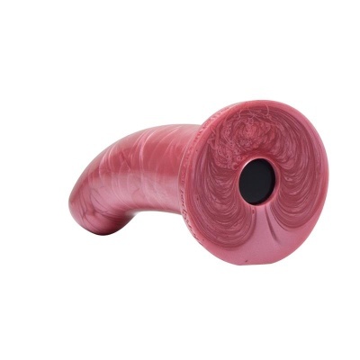 Produto cor-de-rosa marmoreado com forma curva e orifício central preto