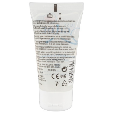 Tubo branco translúcido de gel lubrificante médico com texto explicativo e código de barras