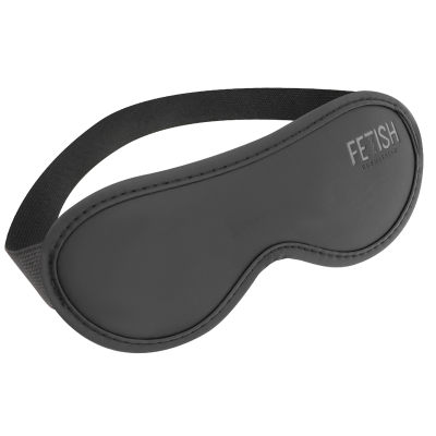Máscara para olhos preta com faixa elástica e texto FETISH SUBMERSIVA