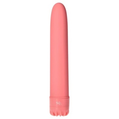 Vibrador cor-de-rosa cilíndrico com base texturada e logo T4L