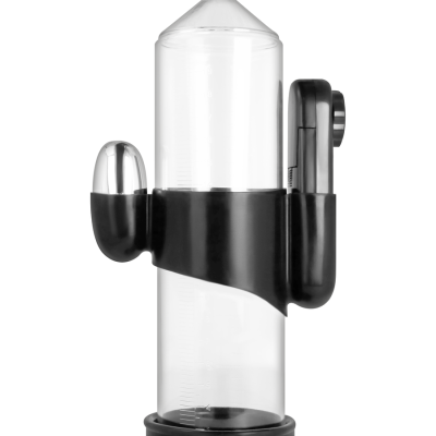 Bomba de penis transparente com base negra e vibrador metálico