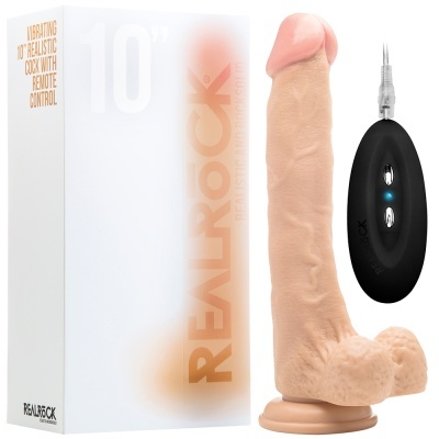 Produto sexual vibratório realista cor pele com controlo remoto preto e caixa branca com texto