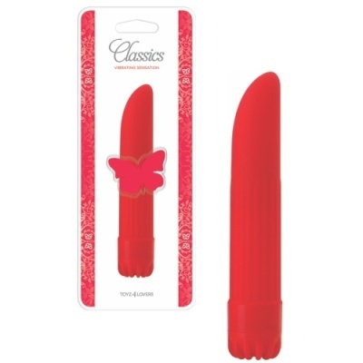 Vibrador vermelho com embalagem branca e vermelha