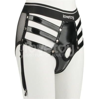 Cueca preta com tiras e cintura elástica com a palavra lovetoy