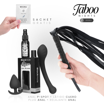 Conjunto de produtos anal BlackHole Relax com plug, spray, látigo de couro e sachet