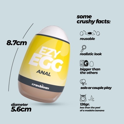 Frasco em forma de ovo amarelo com tampa branca e base castanha com texto e descrições ao lado