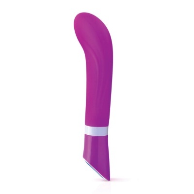 Vibrador roxo curvo com detalhe branco e base roxa