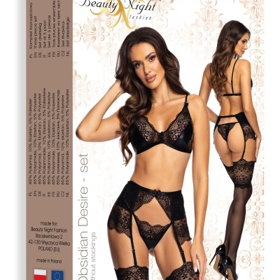 Conjunto de lingerie preto com renda em embalagem da marca Beauty Night