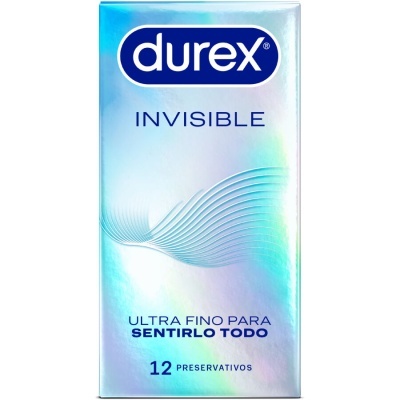 Embalagem prateada holográfica de preservativos Durex Invisible com texto azul