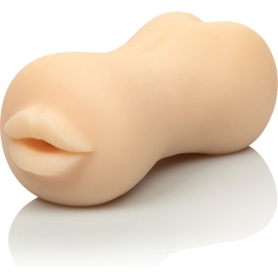 Produto cilíndrico de silicone cor pele com abertura em forma de lábios