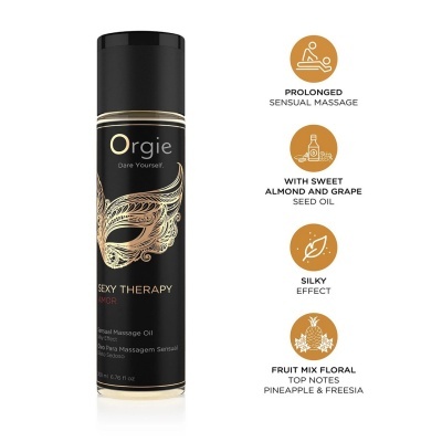 Frasco preto de óleo para massagem sensual Orgie Sexy Therapy com decoração dourada