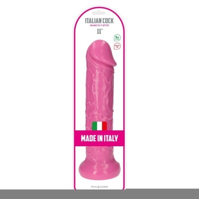 Dildo rosa embalagem com texto italiano e tamanho 11 polegadas