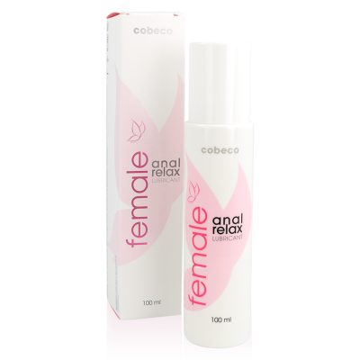 Lubrificante female anal relax da marca cobeco com embalagem branca e detalhes em rosa