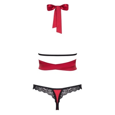 Conjunto lingerie fita vermelha e renda preta.
