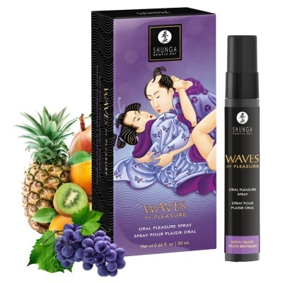 Spray oral Waves of Pleasure da Shunga com caixa roxa e frutas tropicais