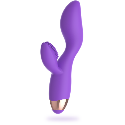 Vibrador roxo com ponteira de cerdas e detalhe dourado na base