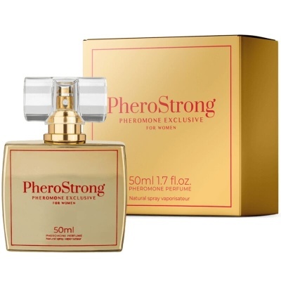 Frasco de perfume dourado com tampa translúcida e caixa dourada com texto em vermelho