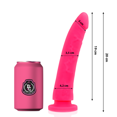 Dildo rosa de silicone ao lado de lata rosa com logótipo DC Delta Club Toys