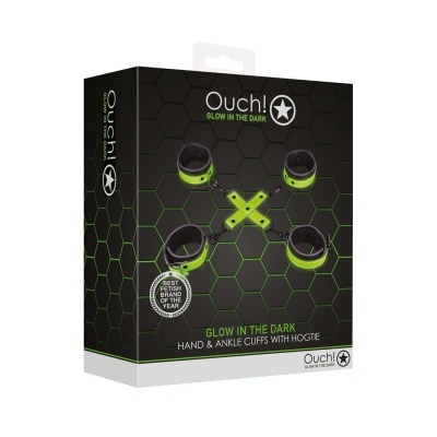 Caixa preta padrão hexagonal verde com algemas para mãos e tornozelos fosforescentes da marca Ouch!