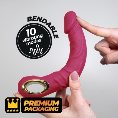 Vibrador flexível cor-de-rosa com detalhes dourados e texto informativo