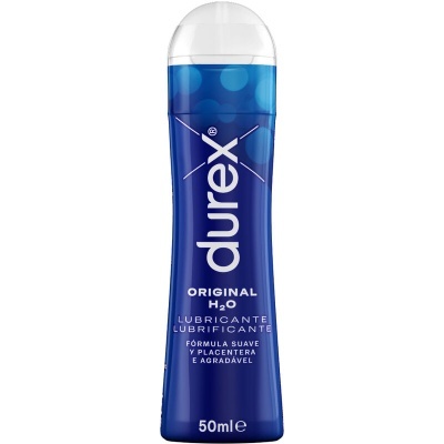 Garrafa azul de lubrificante Durex Original H2O com tampa transparente
