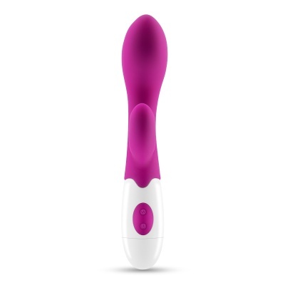 Vibrador roxo e branco com botões, em fundo branco