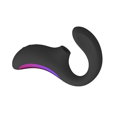 Dispositivo preto de silicone curvado com detalhes roxos