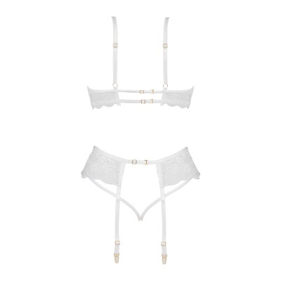 Conjunto de lingerie branco em renda com tiras ajustáveis e acessórios metálicos dourados