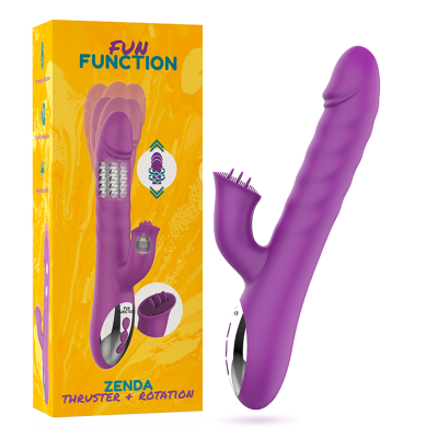 Vibrador roxo com textura e controlo prateado e embalagem amarela com texto