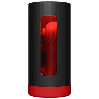 Embalagem preta e vermelha com janela mostrando objeto vermelho texturizado