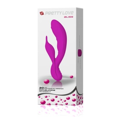 Embalagem branca de vibrador roxo Pretty Love Bliss com design anatómico e texto sobre funções e material