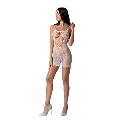 Vestido curto branco de renda com padrão floral e recorte em laço