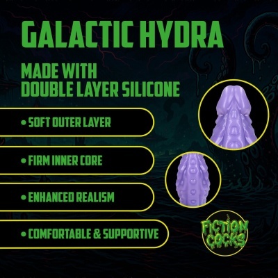 Imagem promocional do produto GALACTIC HYDRA com texto verde e imagens de objeto roxo texturizado e logótipo FICTION COCKS