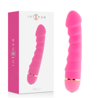 Vibrador cor-de-rosa com textura ondulada ao lado da embalagem branca e rosa com texto intense e SALLY
