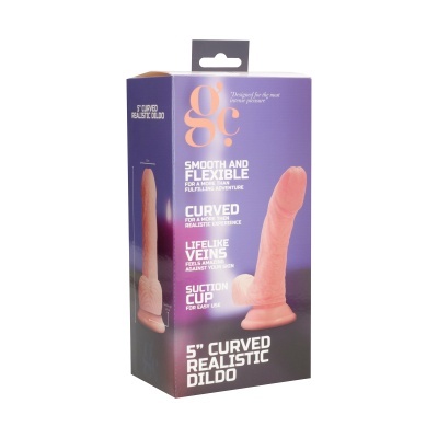 Embalagem de dildo curvo realista 5 polegadas cor pele com ventosa fundo roxo e texto branco laranja