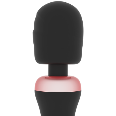 Massajador elétrico portátil preto com detalhe rosa metálico