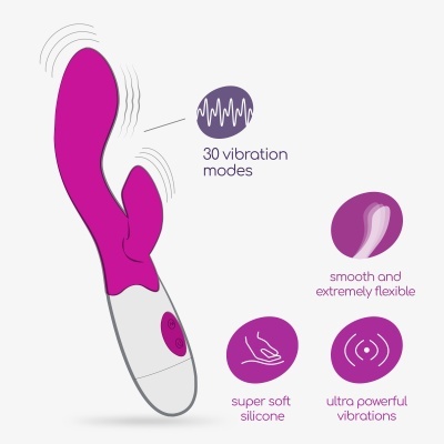 Vibrador rosa e branco com botões roxos e indicação de 30 modos de vibração