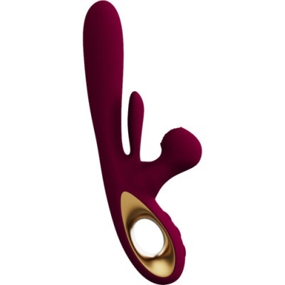 Vibrador vinho com detalhes dourados e várias secções