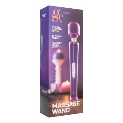 Caixa de massageador varinha roxo com texto explicativo e fundo com velas